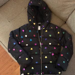 Old Navy Girls Hooded Frost Free Puffer Jacket Black Hearts Small (6-7)